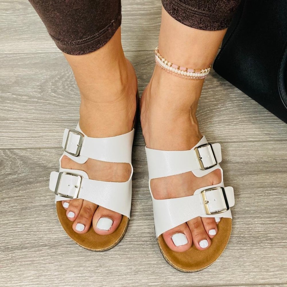 Women's White SlideBuckle T-Strap Platform Sandals - Picture 7 of 15